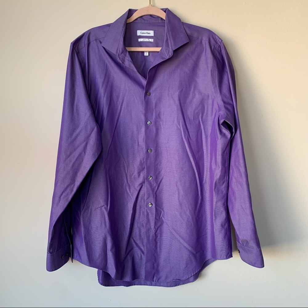 Calvin Klein Purple Button Front Shirt Slim Fit Tall Career Office Size 17